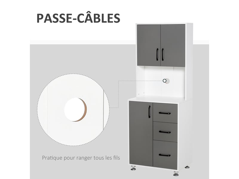 Buffet haut cuisine, armoire de cuisine, vaisselier avec 3 portes, 3 tiroirs et plan de travail, meuble de rangement pour salon, salle à manger, style moderne, gris, 60 x 40 x 160 cm - Conforama R