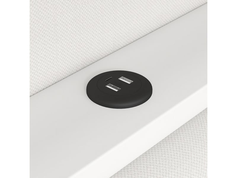 Lit de repos capitonné, 90x200 cm, avec ports de charge et bande led, incluant un bureau et 2 tiroirs, blanc - Conforama E