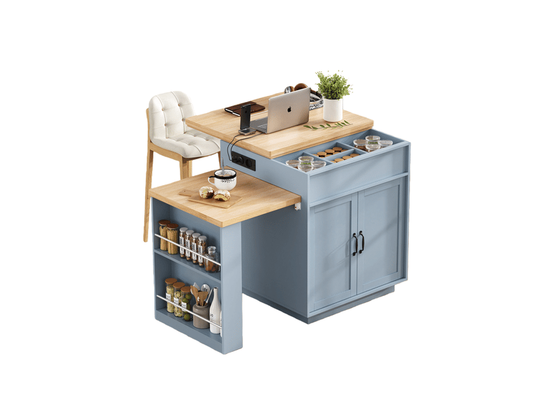 Îlot de cuisine extensible 125,5–187,5 x 71 x 93 cm avec led et station usb+type-c, roulettes, bar de cuisine, mdf bleu  - Conforama A