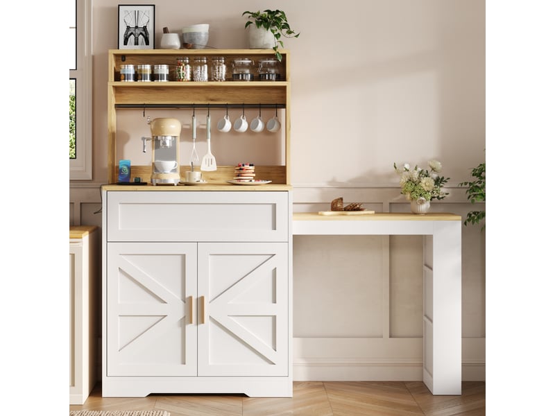  Buffet haut de cuisine 146x40x142 cm avec plan de travail extensible, étagère latérale 3 niveaux, étagères réglables, portes style grange, mdf blanc  - Conforama B