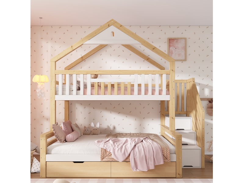  Lit superposé enfant modenvie 90 x 200 et 140 x 200 cm avec escalier et tiroirs blanc et chêne  - Conforama E