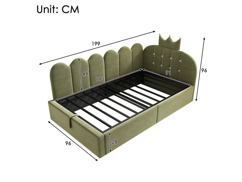  Modenvie lit banquette 90x190 cm - avec rangement hydraulique, velours capitonné, sans matelas - vert  - Conforama C