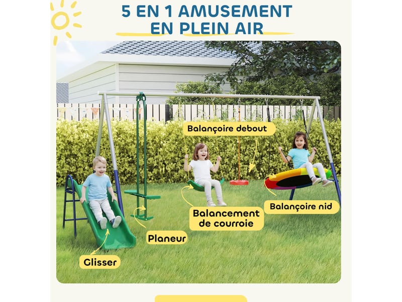  Balançoire portique enfants 5 en 1 avec toboggan, 3 balançoire, face à face, hauteur réglable, 3-8 ans, multicolore  - Conforama D