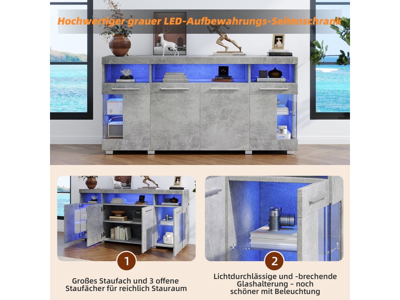  Buffet en mdf gris, éclairage led, 140 x 40 x 70 cm  - Conforama W