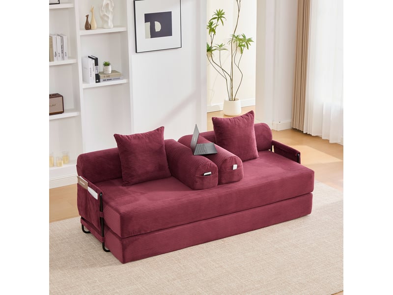 Canapé 3 places modulable en velours côtelé rouge bordeaux avec 3 coussins et poche latérale pour le salon - Conforama B