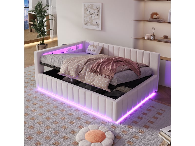  Lit capitonné 140x200 cm beige en velours, led, usb, dossier et coffre hydraulique  - Conforama D