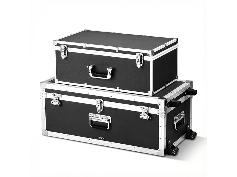  Vevor lot de 2 caisses de transport, coffre de rangement a roulettes avec 3 poignees metalliques, valises pour decoration de bureau, voyage, demenagement, cadenas a combinaison, cadre en metal, noires  - Conforama A