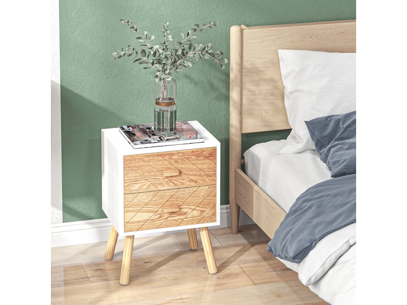  Chevet table de nuit design scandinave 40l x 30l x 56h cm tiroirs bois massif pin mdf blanc et hêtre motif graphique  - Conforama R