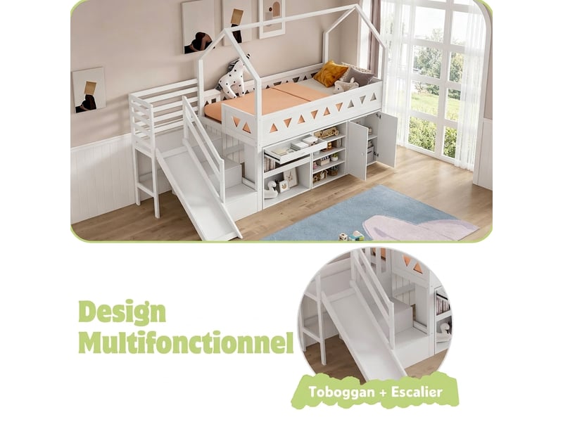  Lit enfant avec toboggan 90x200 bois massif blanc multifonction avec rangements  - Conforama E