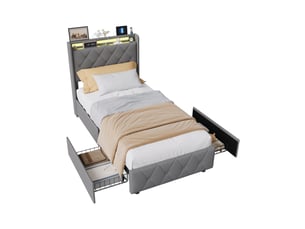 Lit 90x200 cm avec led, tête de lit avec étagère, lit capitonné pu gris, sommier à lattes inclus, style moderne