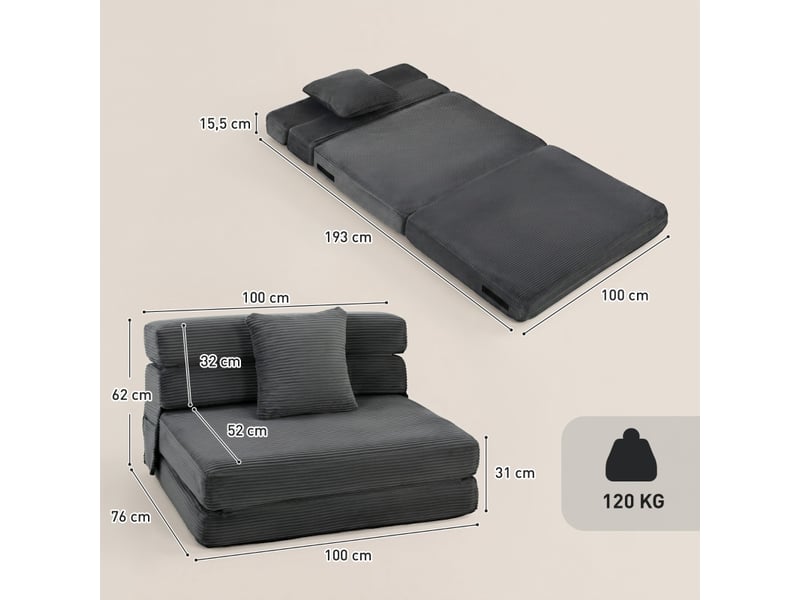 Fauteuil de sol convertible en lit une place, pliable en velours côtelé gris foncé, avec coussin lombaire pour salon - Conforama C