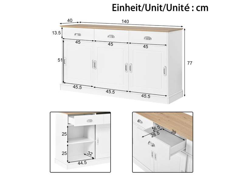  Buffet bas 3 portes coulissantes et 3 tiroirs, meuble de rangement, blanc, 140 x 40 x 77 cm, mdf Fay Lum - Conforama C