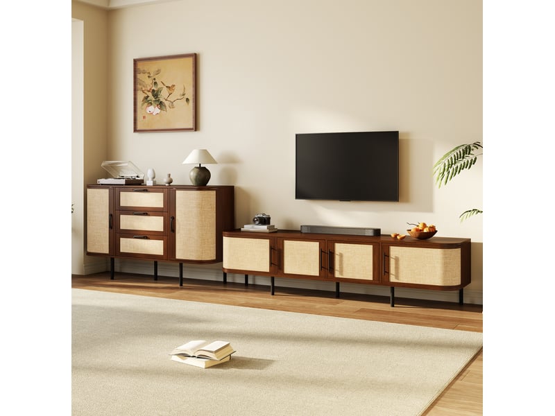  Ensemble meuble tv et buffet tcqpz mdf noyer façades effet cannage rangement pieds métal  - Conforama D