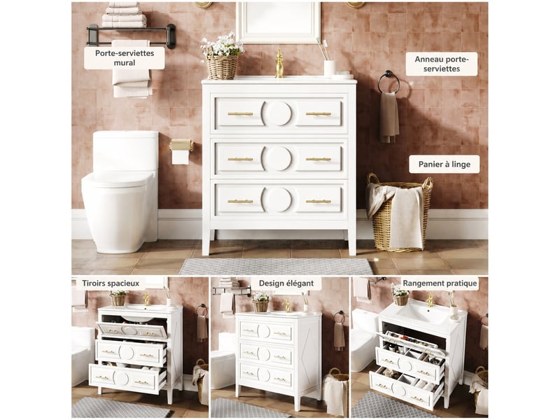  Meuble vasque blanc 81 cm avec 3 tiroirs et lavabo en céramique, style rétro  - Conforama B
