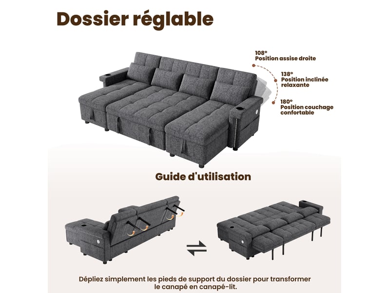  Canapé panoramique en u convertible avec coffres, led, usb-c, dossier réglable et chenille gris 268,5 × 141,5 × 90 cm  - Conforama E