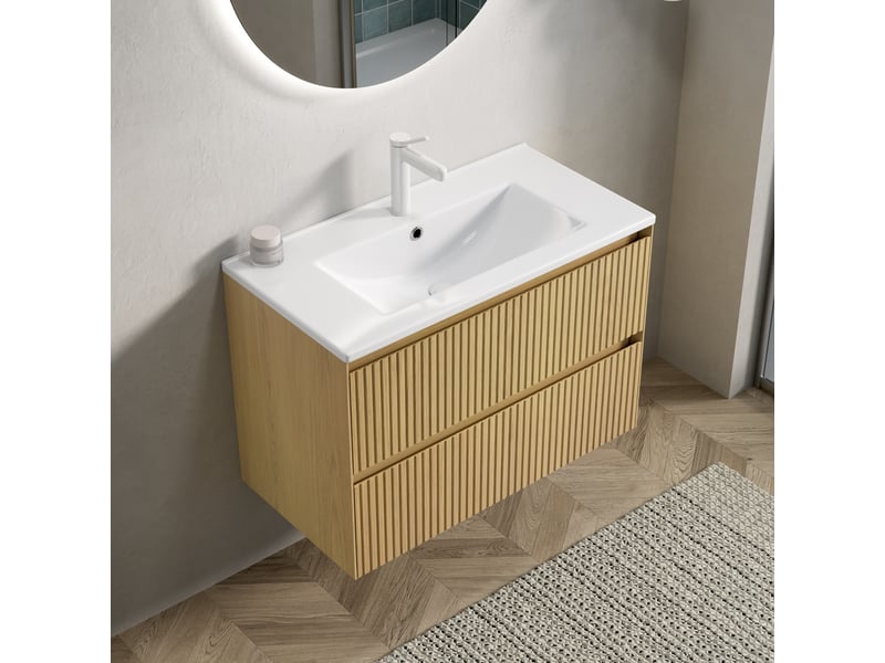 Meuble sous vasque suspendu 75 cm avec 2 tiroirs à fermeture douce - lpospi - céramique blanc et chêne doré - Conforama C