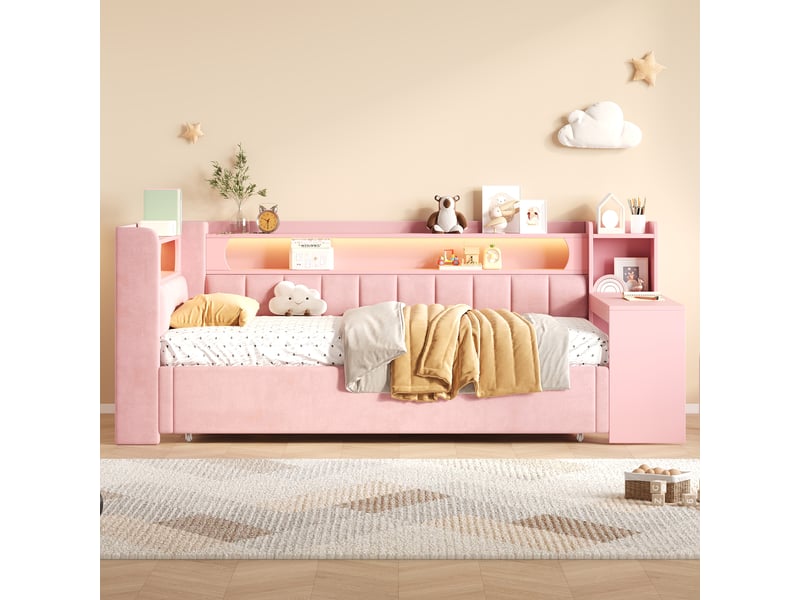  Lit banquette extensible 90 à 180 x 200 cm, lit gigogne, bureau, étagères, led, ports usb, revêtement lin, rose  - Conforama E