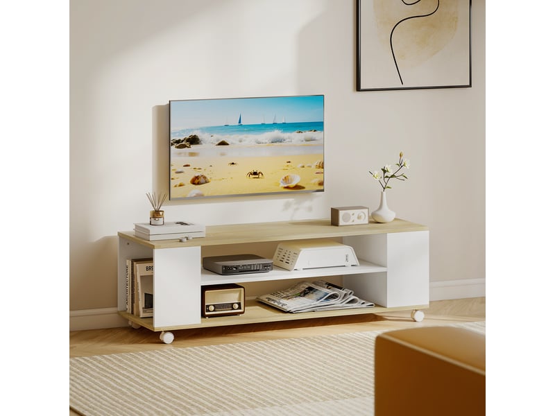 Meuble tv avec roulettes 120 cm, meuble télé pour téléviseur jusqu'à 55 pouces, blanc et naturel, 2 étagères ouvertes  - Conforama D