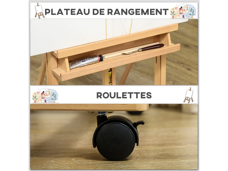  Chevalet d'artiste sur roulettes pliable en bois de hêtre pour toiles à jusqu'à peindre 118 cm bois naturel  - Conforama R