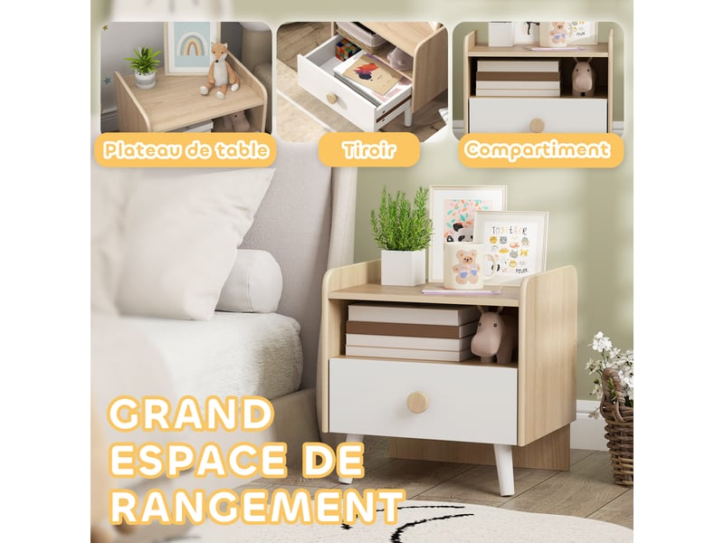  Table de chevet enfant table de nuit enfant avec tiroir et niche, petite table d'appoint en bois pour chambre d'enfant  - Conforama D