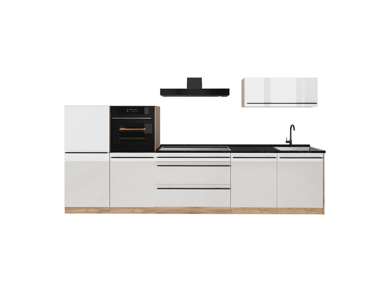 Vicco cuisine, blanc haute brillancechêne doré, 340cm plan de travail anthracite - Conforama A
