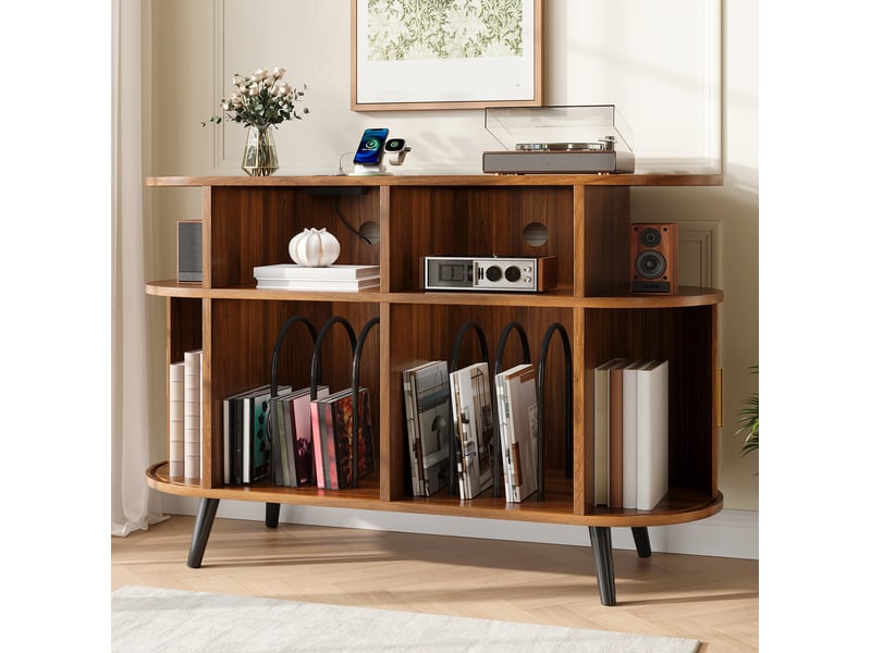  Buffet hifi avec 2 portes coulissantes, 4 niches, passe-câbles et station de charge en mdf noyer 110 × 40 × 76 cm  - Conforama E