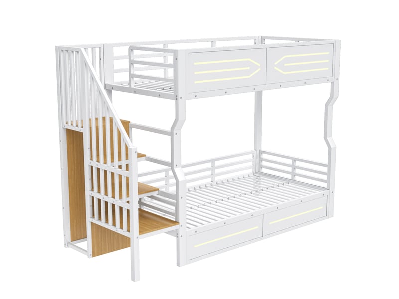 Lit mezzanine 90x200 cm avec rangement, escalier, lit enfant avec led et garde-corps haut, métal+mdf, blanc sans matelas - Conforama W