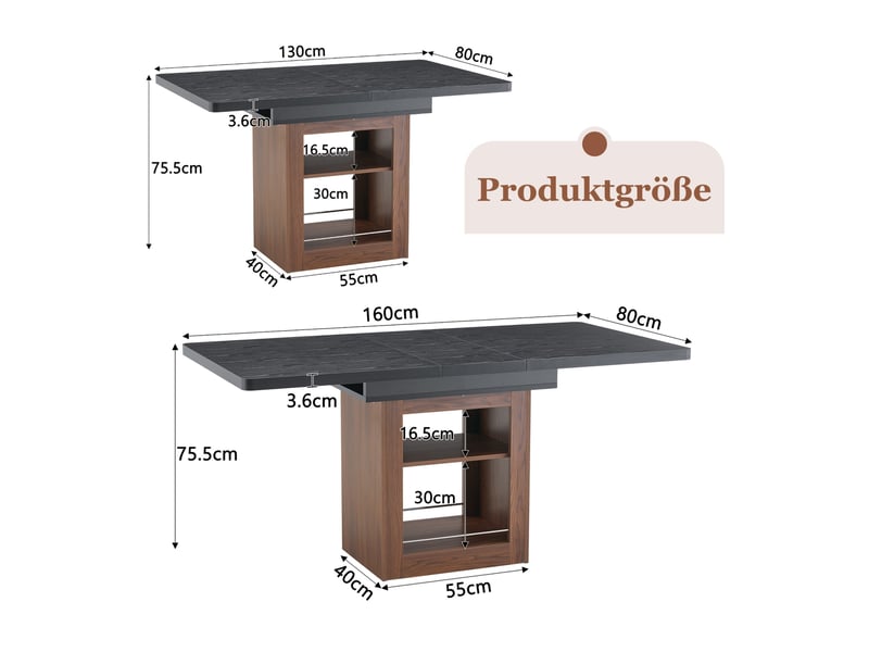 Table de salle à manger extensible, table extensible, table repas, 130-160 cm, rangement intégré, mdf noir, noyer - Conforama C