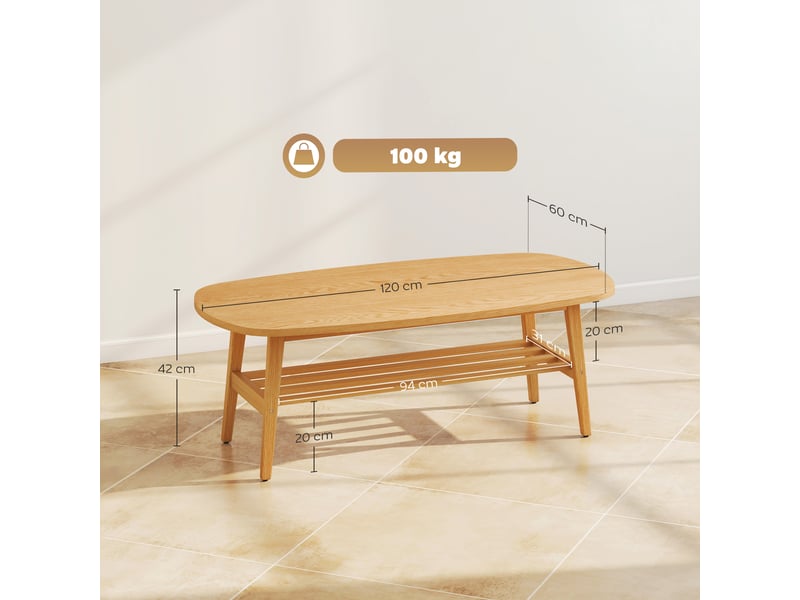  Table basse à 2 niveaux, bois naturel, table de salon moderne avec étagère inférieure ouverte et pieds en bois d'hévéa  - Conforama C