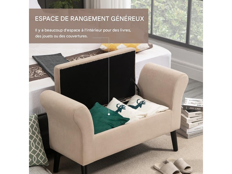  Banc coffre avec accoudoirs en tissu aspect velours beige 111,5 x 41 x 65 cm  - Conforama D