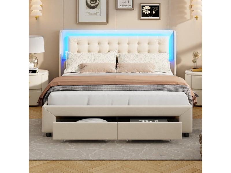 Lit coffre 2 places 140x190 cm avec rangement, lit adulte, 2 tiroirs, tête de lit, led, design luxueux, velours beige - Conforama C