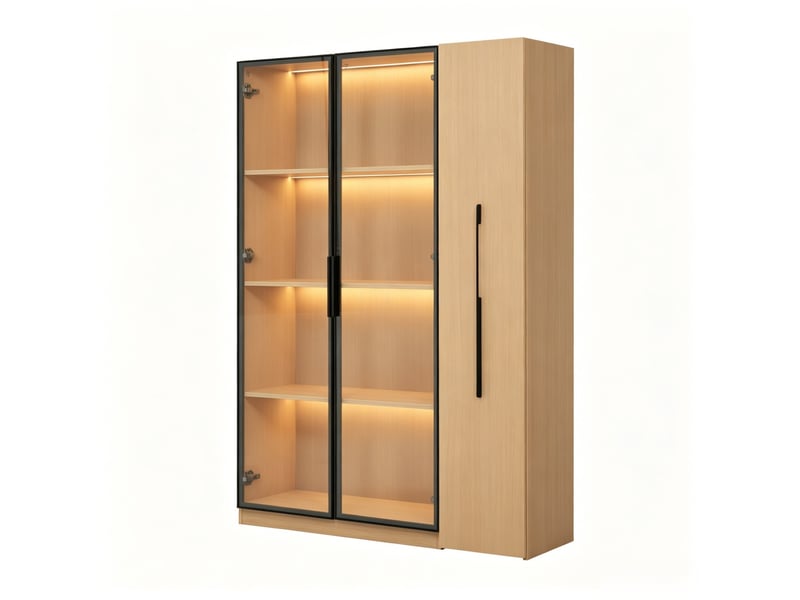  Bibliothèque vitrine avec led et rangement latéral, portes vitrées, style moderne pour salon, en mdf, chêne clair  - Conforama D