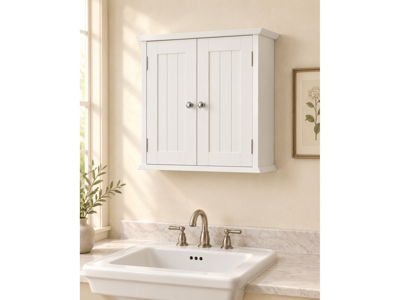  Armoire murale de salle de bains blanche en mdf avec 2 portes et étagères réglables  - Conforama E