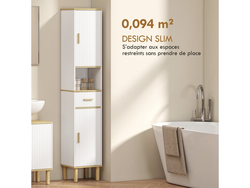 Meuble colonne salle de bain, meuble de rangement étroit avec 2 portes, tiroir, blanc, compartiment ouvert - Conforama A