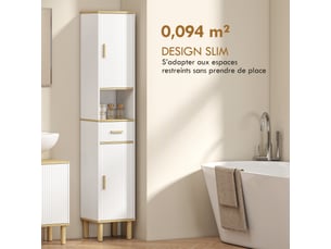 Meuble colonne salle de bain, meuble de rangement étroit avec 2 portes, tiroir, blanc, compartiment ouvert