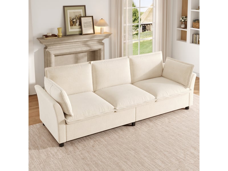 Canapé de salon 3 places 220x81x87 cm, confort moelleux effet nuage avec cadre métal et 2 coussins d’accoudoirs, chenille, beige - Conforama E