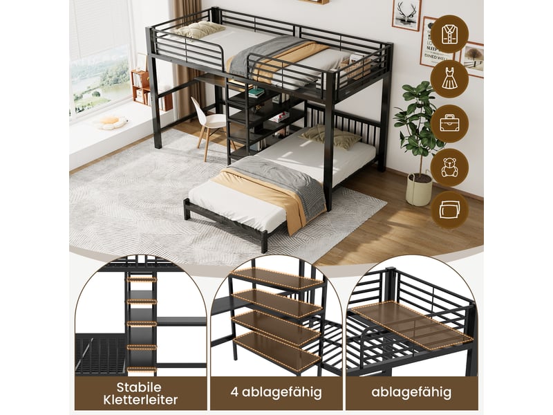 Lit superposé multifonction 2 couchages 90x200 cm, bureau en l, escalier avec rangements, usb et usb-c, étagères, métal noir Radiant Stride - Conforama E