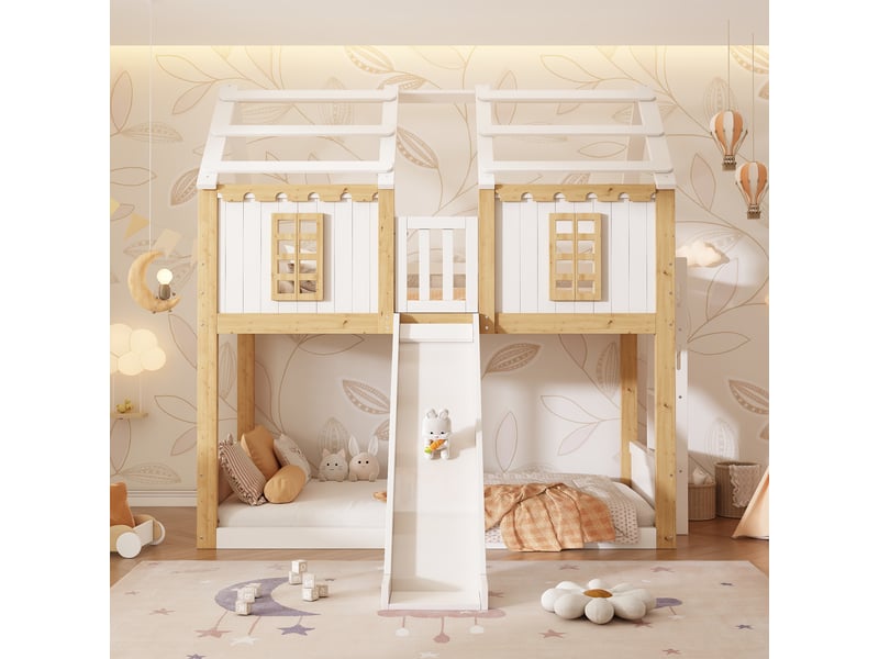  Lit superposé cabane enfant 90x200 cm, lit en bois, toboggan, échelle réversible, garde-corps, sommier (sans matelas), blanc et bois naturel CozyNest - Conforama E