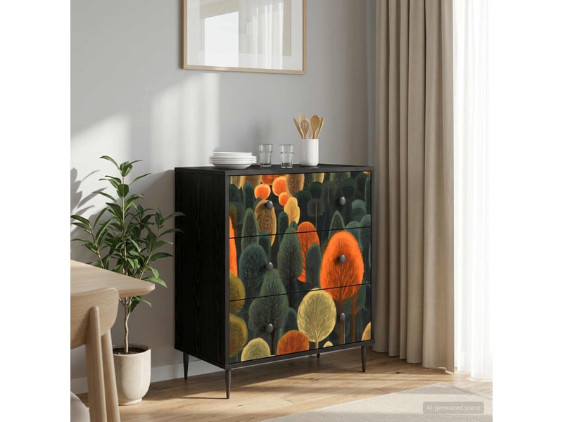  Commode chambre, meuble de rangement zaandam imprimé forêt 66 x 36,5 x 76 cm chêne noir  - Conforama B