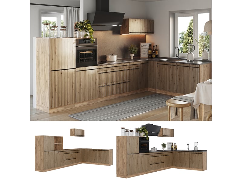  Vicco cuisine en angle, chêne artisanchêne doré, 347 x cm sans plan de travail  - Conforama D
