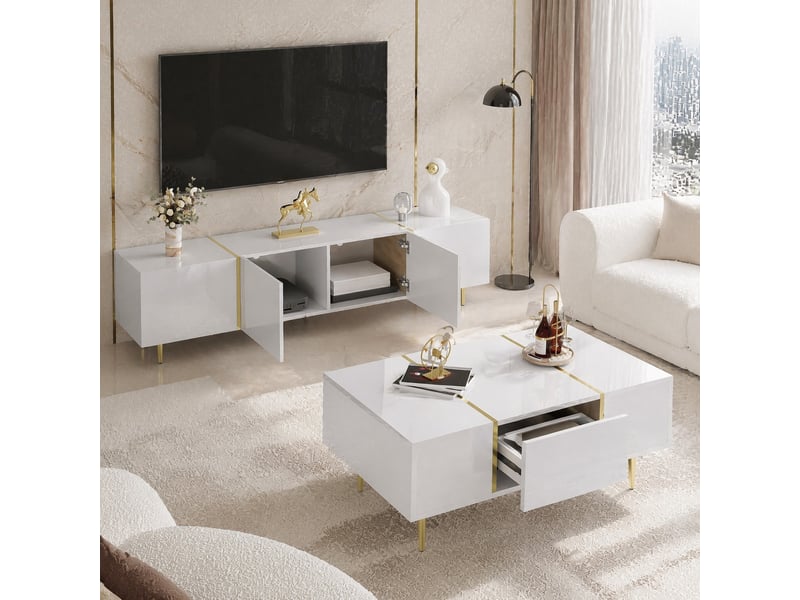  Ensemble meuble tv et table basse blanc brillant – mdf, accents dorés – 170 cm et 100 cm  - Conforama B