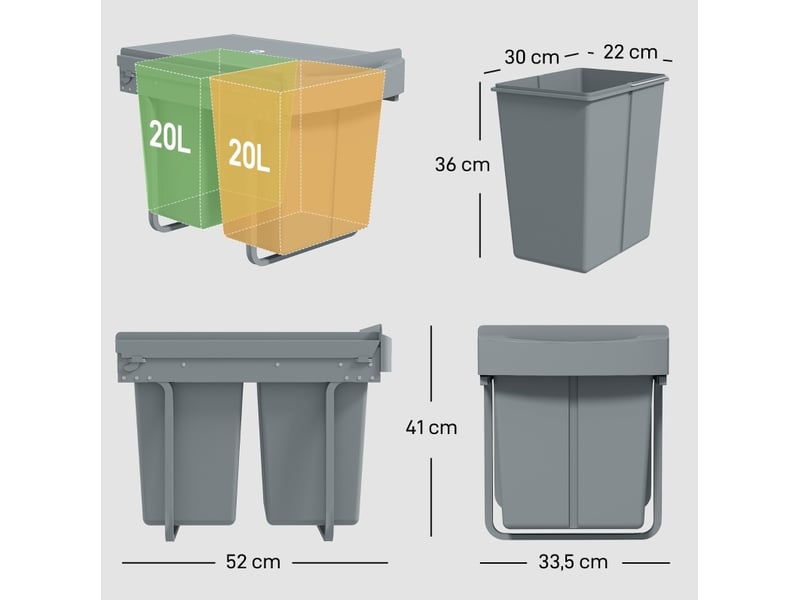  Poubelle coulissante encastrable 40 l avec 2 bacs amovibles gris  - Conforama C