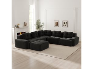 Grand canapé panoramique modulable velours côtelé noir – 295 x 295 x 69 cm