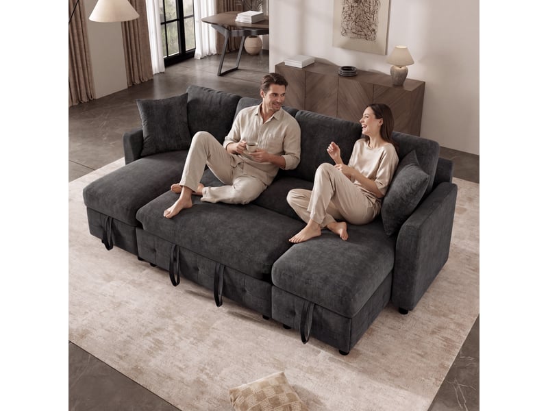  Canapé d'angle convertible en u, canapé en chenille gris avec 2 méridiennes et coffre de rangement, lit d'appoint avec ports usb pour salon  - Conforama B