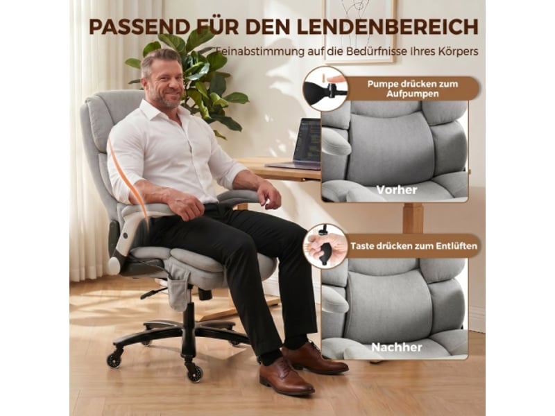  Chaise de bureau ergonomique avec soutien lombaire airbag, accoudoirs rabattables, gris clair  - Conforama D