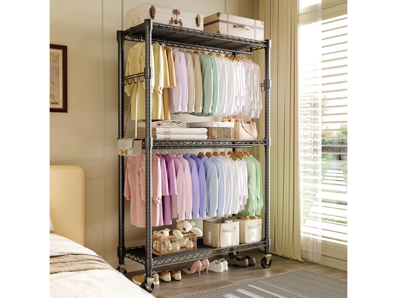  Portant à vêtements robuste 3 niveaux sur roulettes – étagères réglables,  rangement vertical pour chambre, dressing, buanderie PHK_36P9TEPX - Conforama D