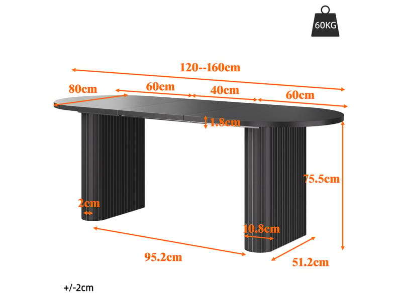  Table à manger extensible 120-160 cm ovale, table de salle à manger avec pieds rainurés, plateau épais et coins arrondis, noir OPULERANE TRADING LTD - Conforama C