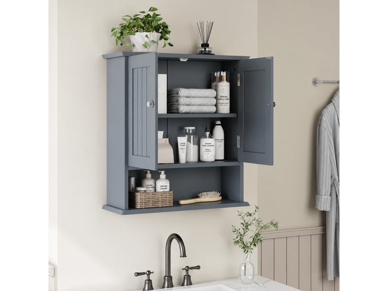  Armoire murale de salle de bain 2 portes, étagères ouvertes, gris clair, 54,6 x 19,8 x 60 cm  - Conforama D