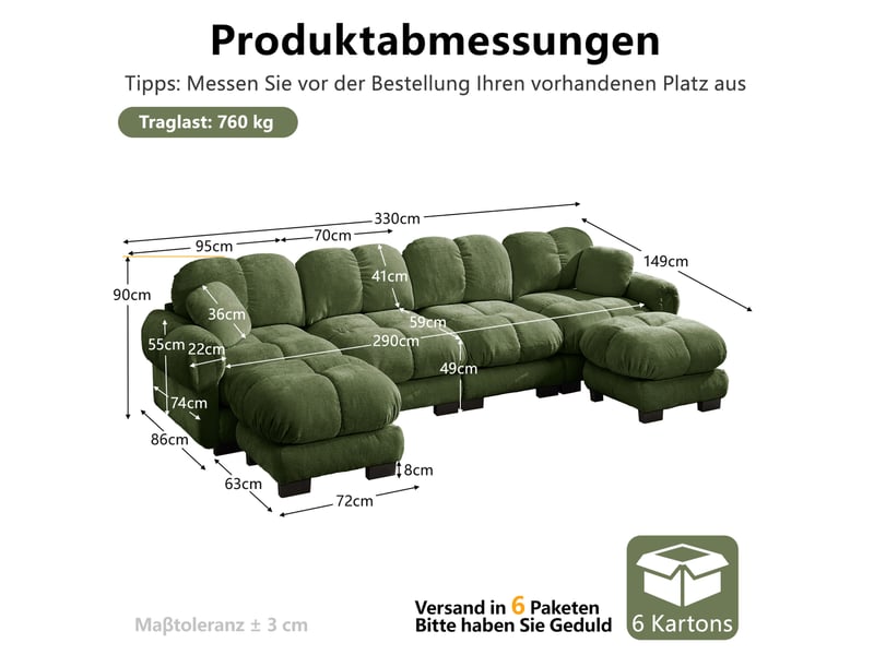  Canapé d'angle modulaire 4 places en tissu vert, forme u avec 2 ottomanes mobiles et dossier ergonomique  - Conforama C