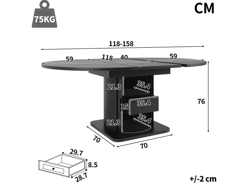  Table à manger extensible ronde à ovale 118-158x118x76 cm, 6 places, noire  - Conforama E